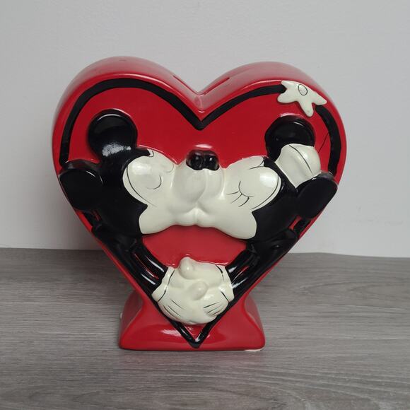 Mickey Minnie Mouse Kissing Heart Shaped Red Ceramic Coin Bank - Picture 1 of 9